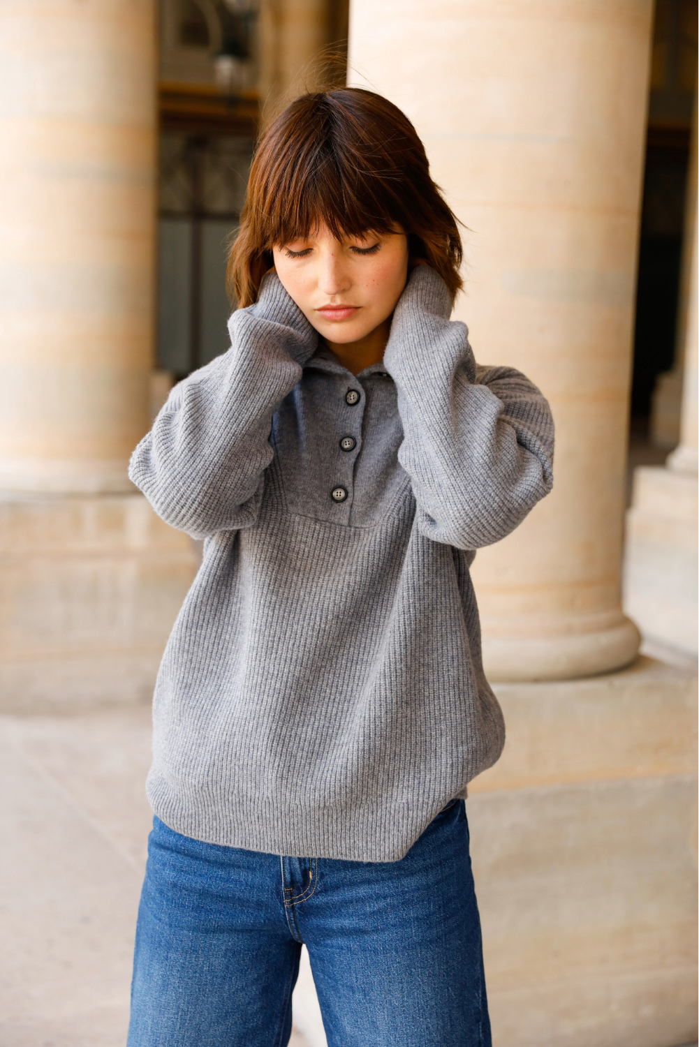 EXTRA-FINE MERINO WOOL BUTTONED HIGH-NECK SWEATER – JADE