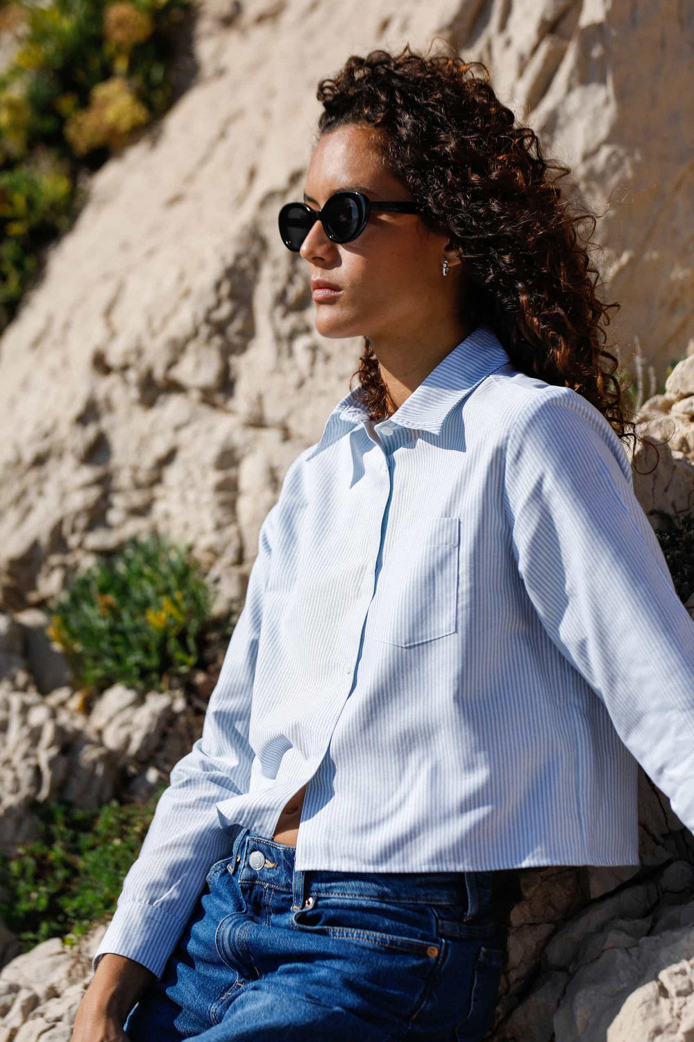 CHEMISE COURTE EN COTON BIO - ALMA - Rayé vert d'eau/ blanc