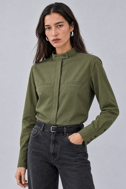 Chemise col officier kaki en popeline de coton - Ambre