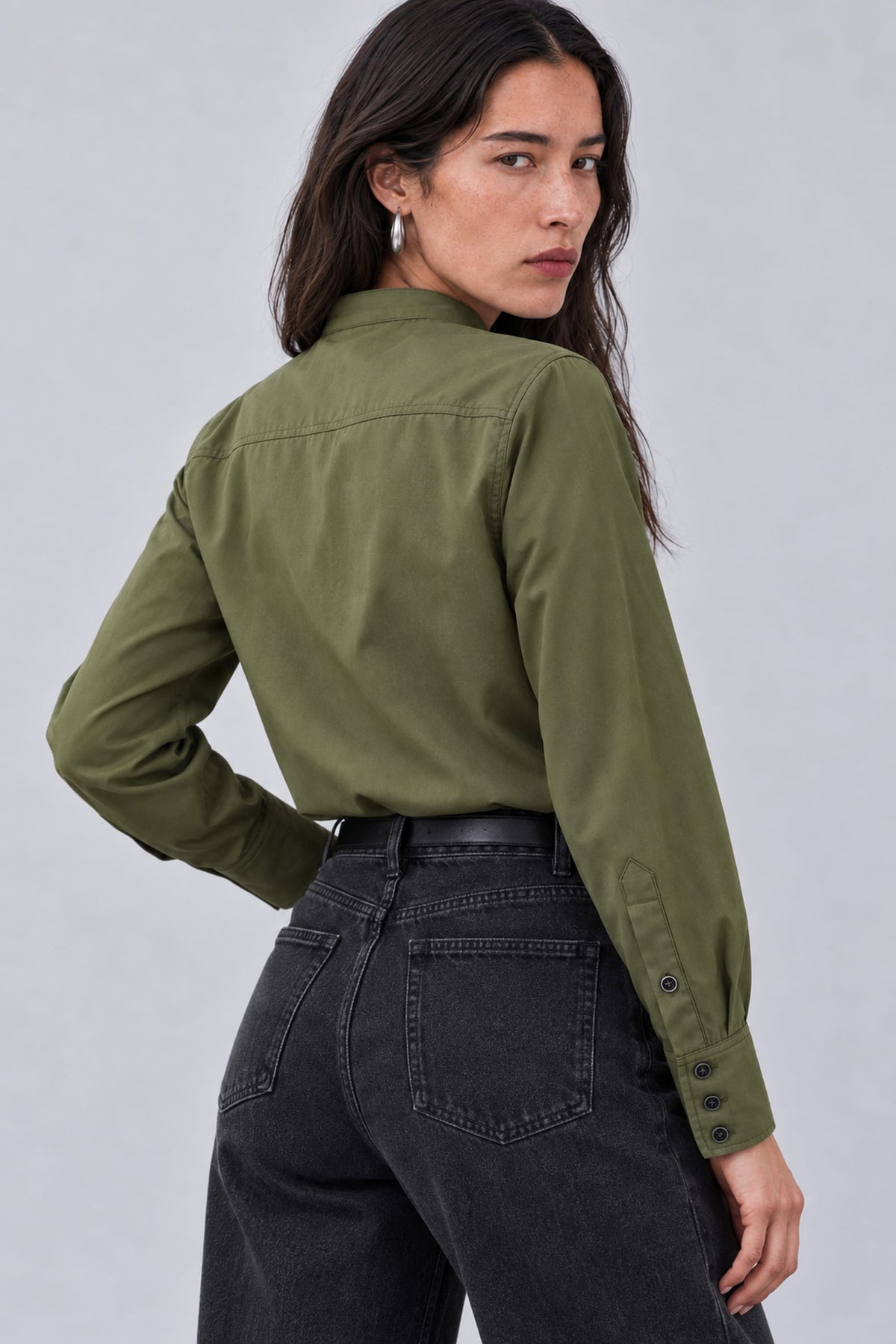 Chemise col officier kaki en popeline de coton - Ambre