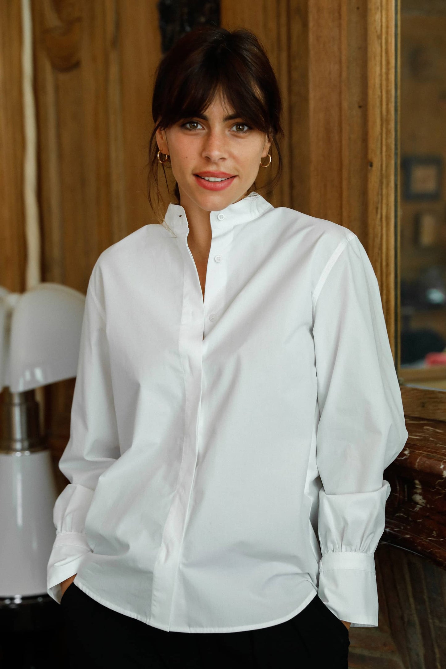 Chemise blanche col officier en popeline de coton bio - Giulia - Huguet Paris