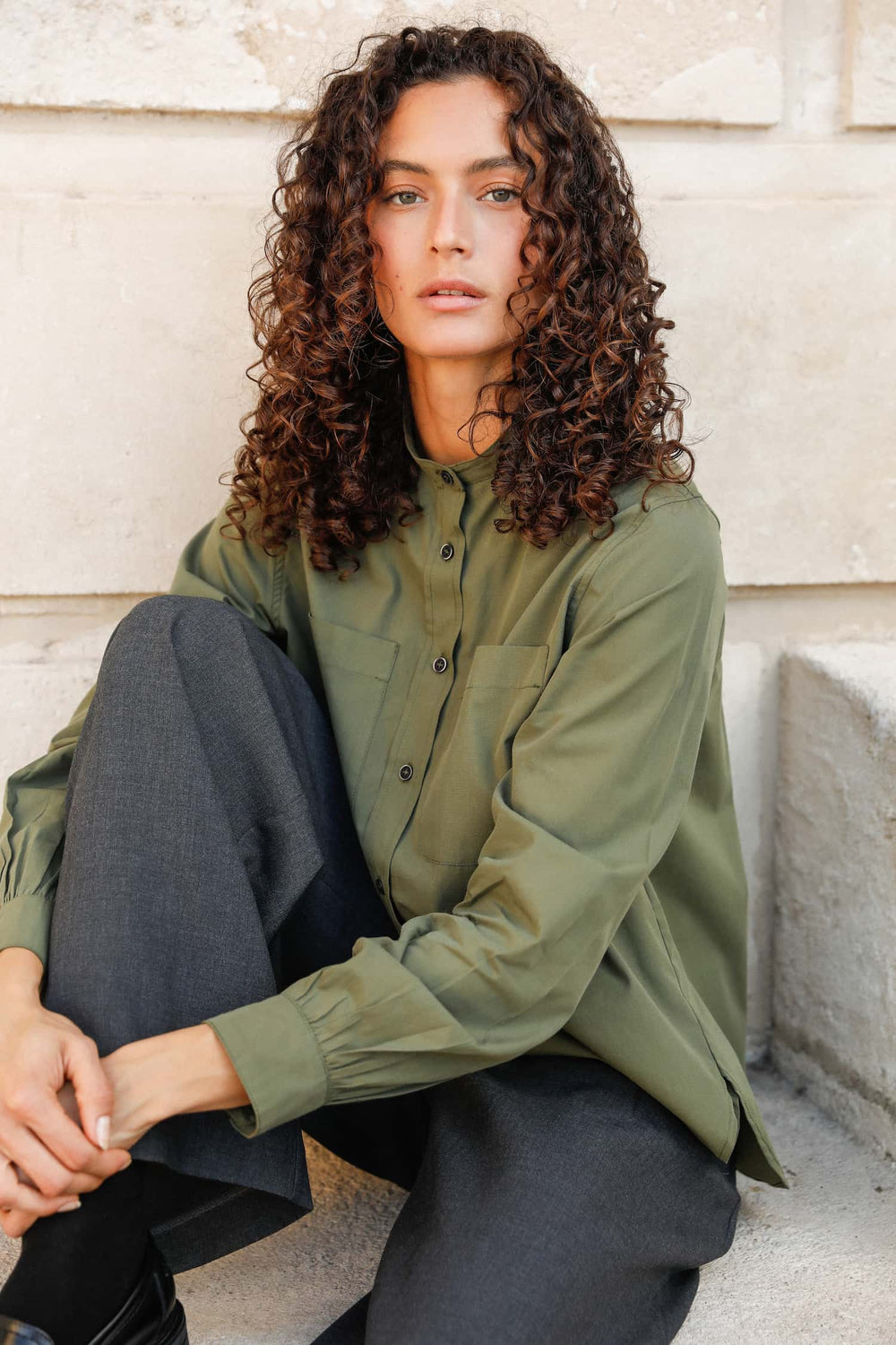 CHEMISE EN POPELINE DE COTON BIO - SUZANNE - Vert kaki