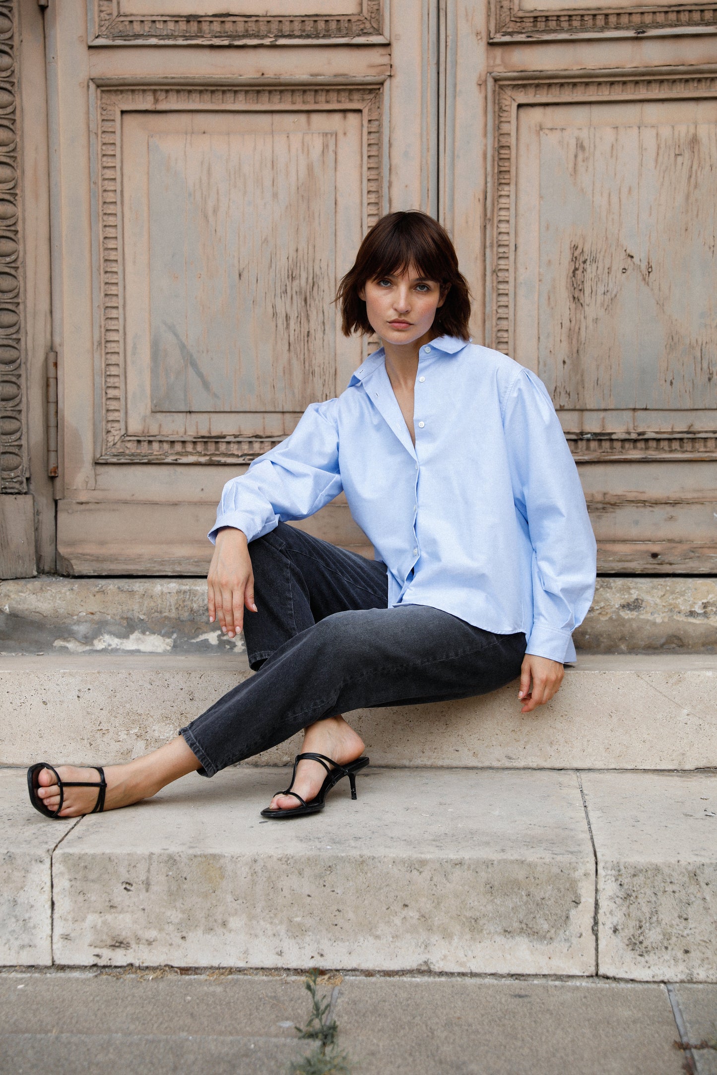 chemise bleue à manches ballons en coton pour femme