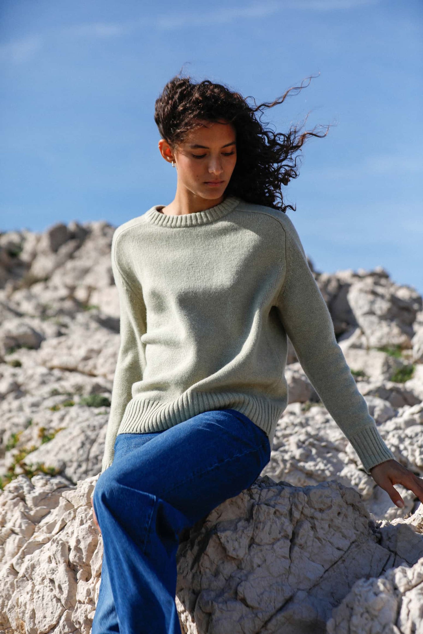 Pull femme col rond en laine mérinos extra fine vert amande