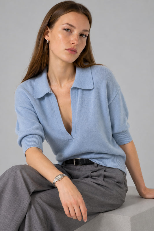 Pull col polo en laine mérinos bleu ciel - Nina