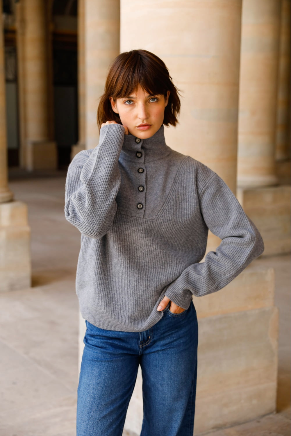 EXTRA-FINE MERINO WOOL BUTTONED HIGH-NECK SWEATER – JADE