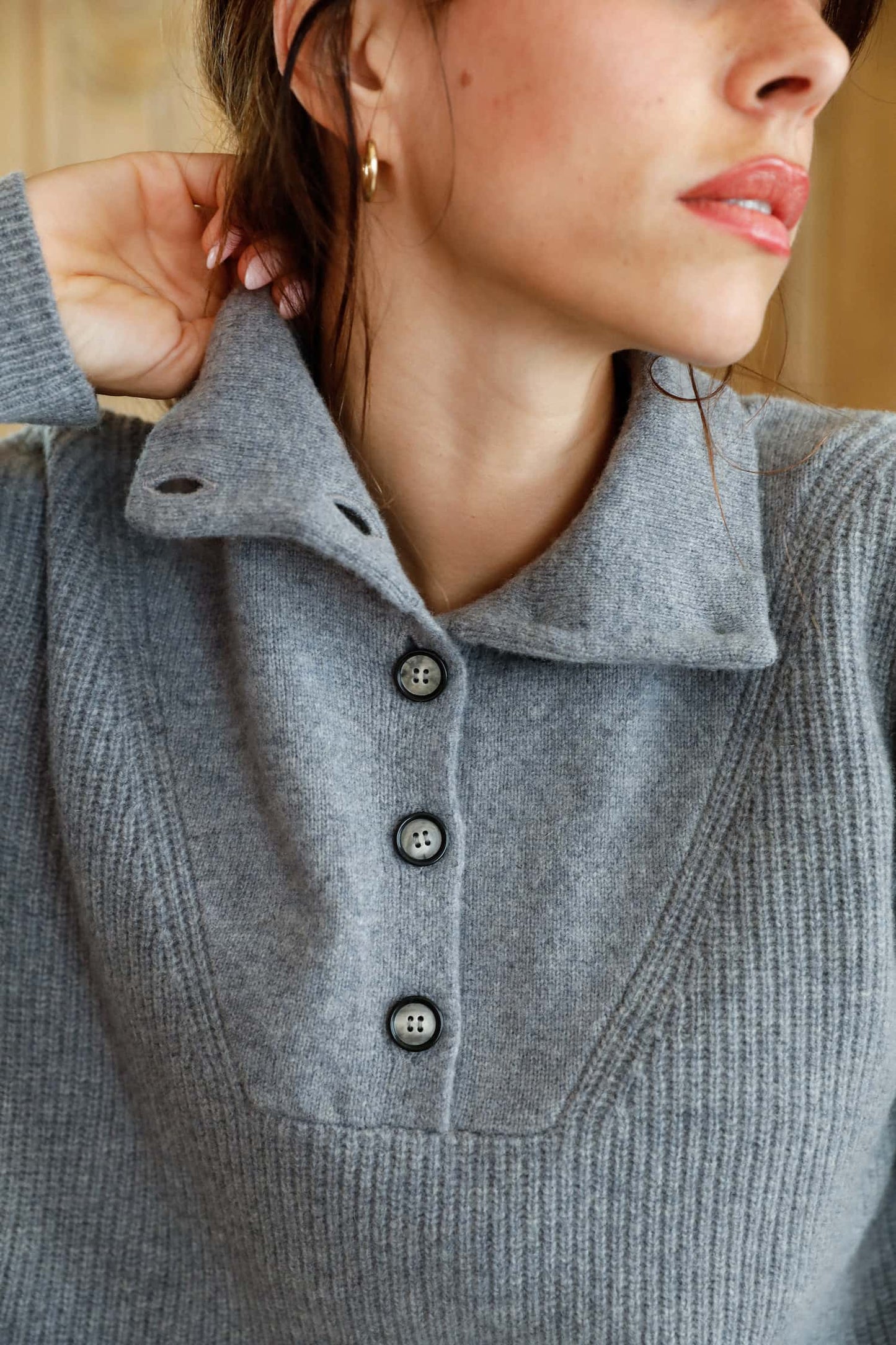 Pull col camionneur en laine mérinos extra fine gris - Jade - Huguet Paris