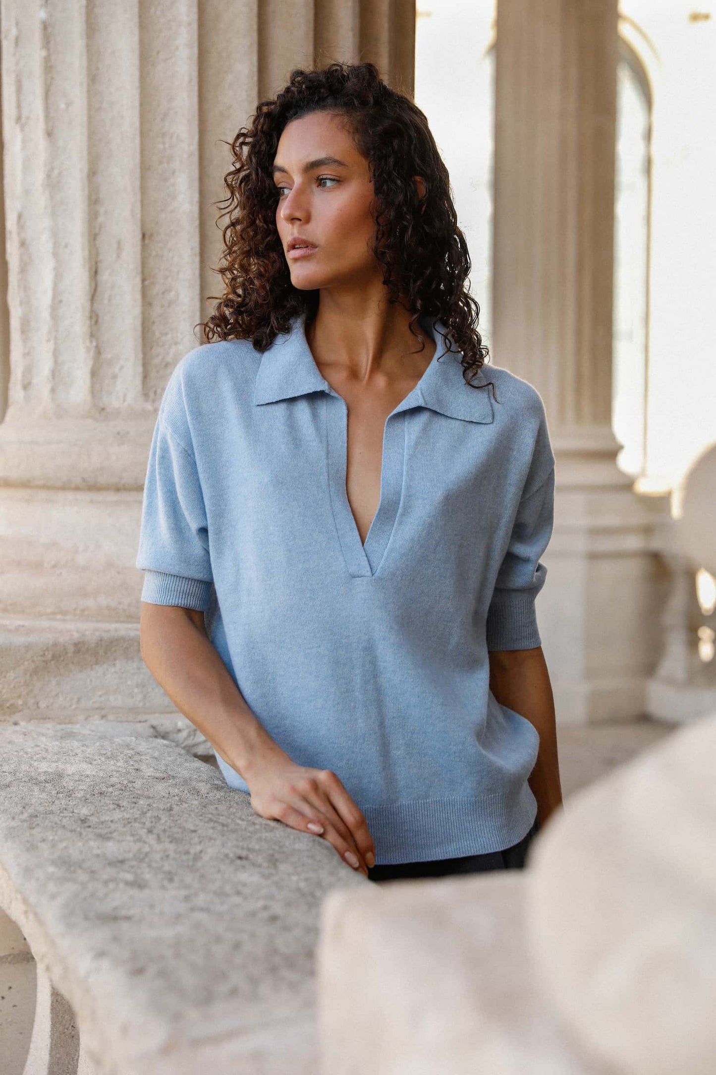 Pull femme Nina col polo en laine mérinos extra fine bleu ciel
