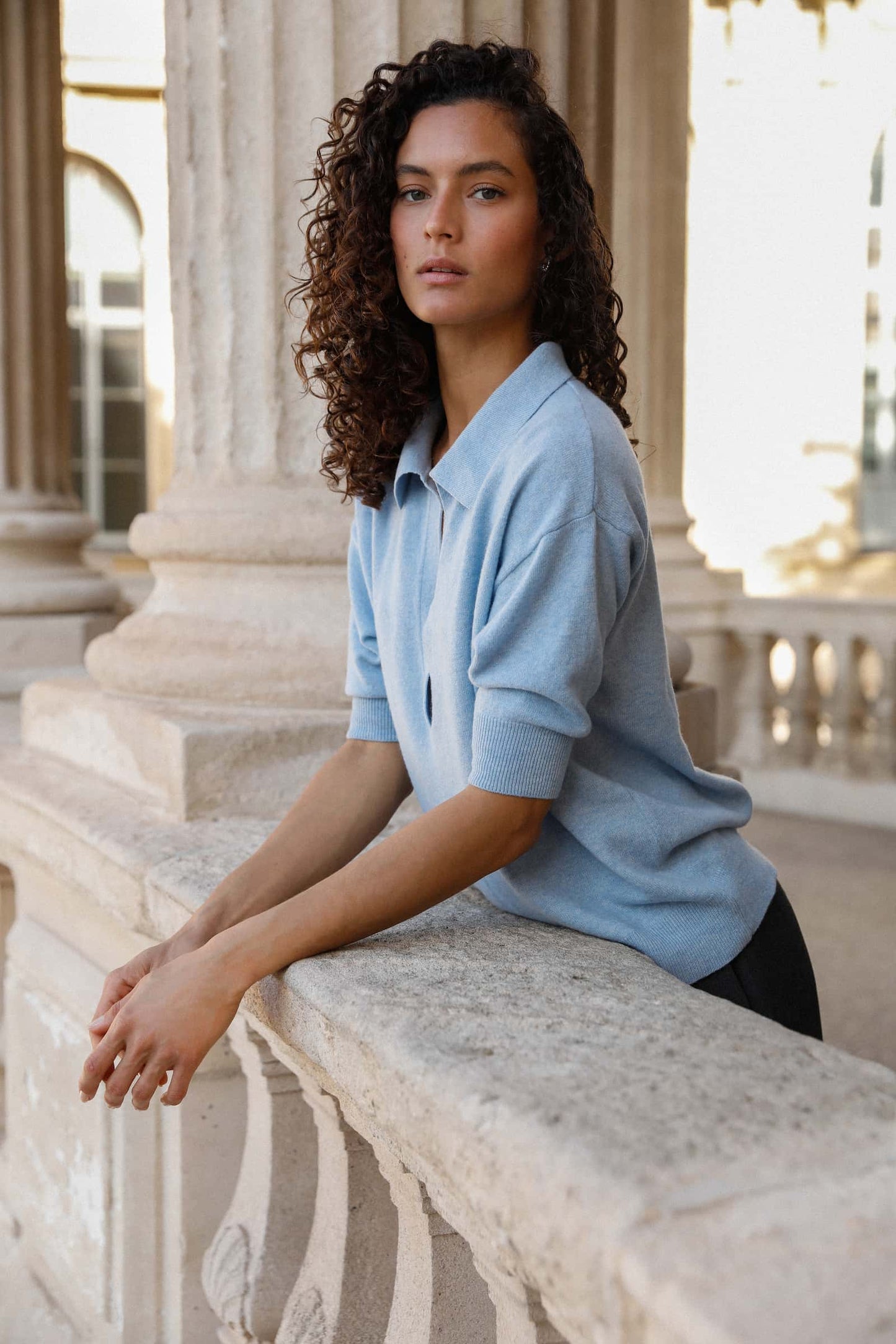 Pull femme Nina col polo en laine mérinos extra fine bleu ciel