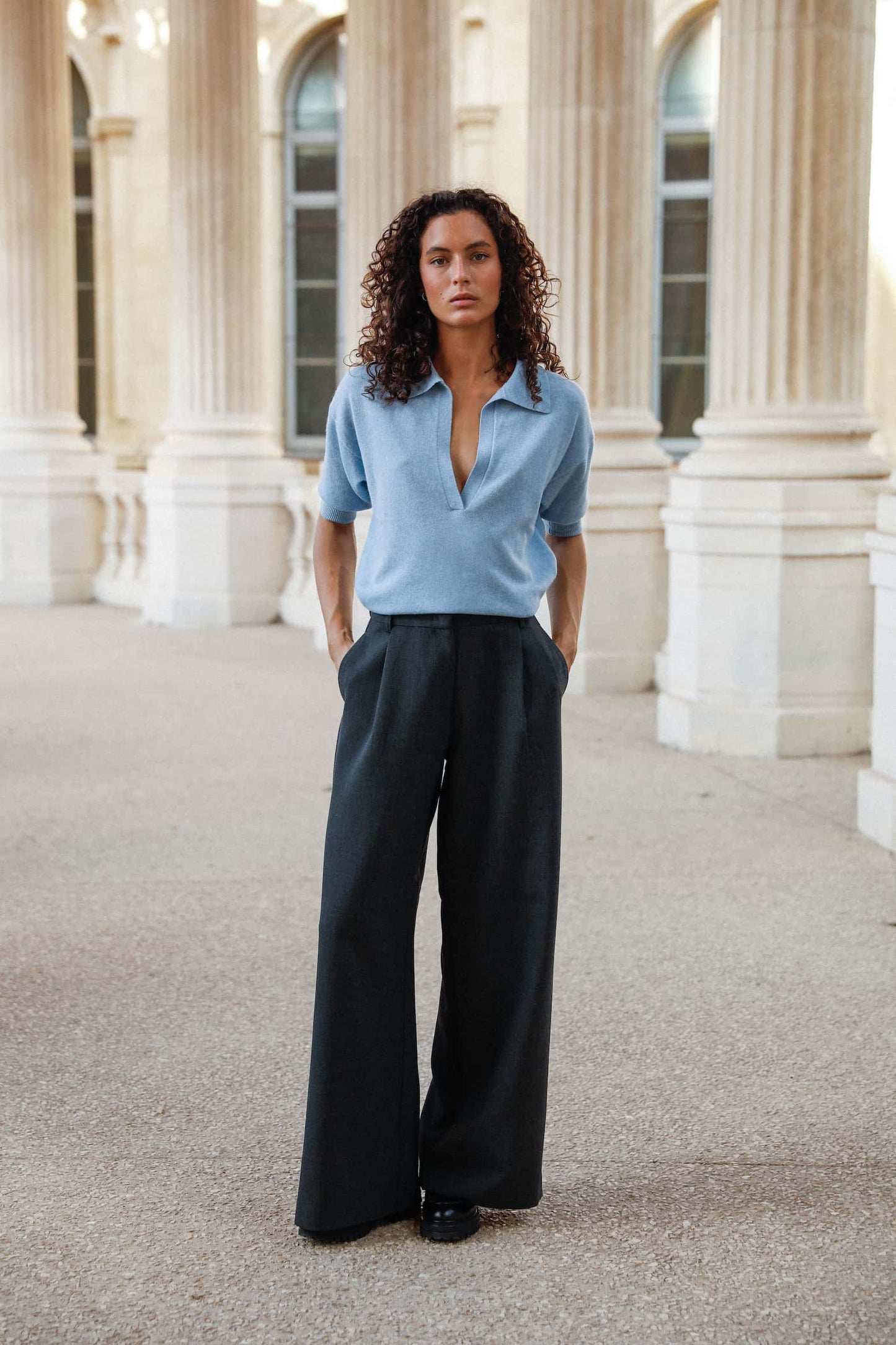 Pull femme Nina col polo en laine mérinos extra fine bleu ciel