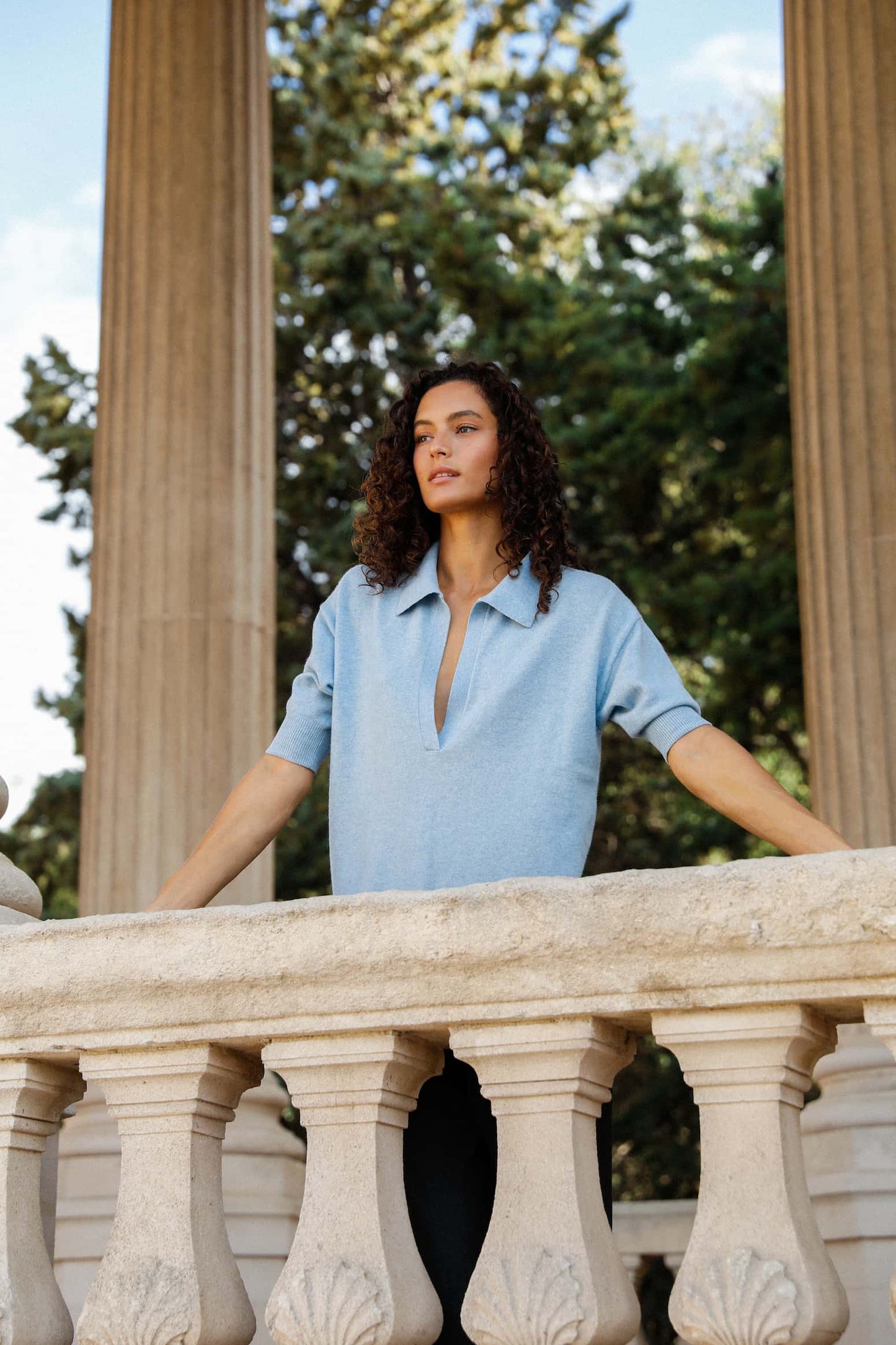 Pull femme Nina col polo en laine mérinos extra fine bleu ciel