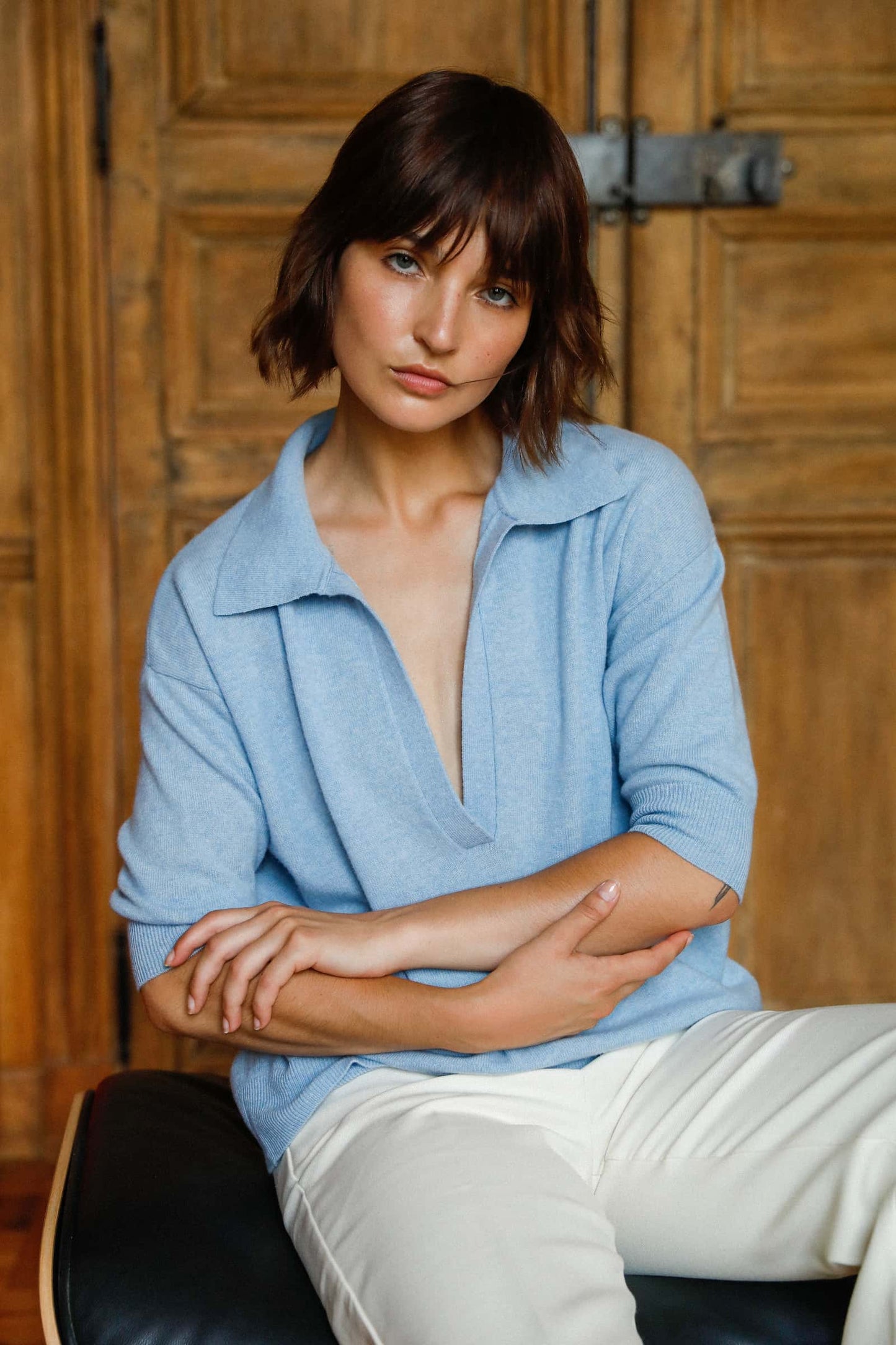 Pull femme Nina col polo en laine mérinos extra fine bleu ciel