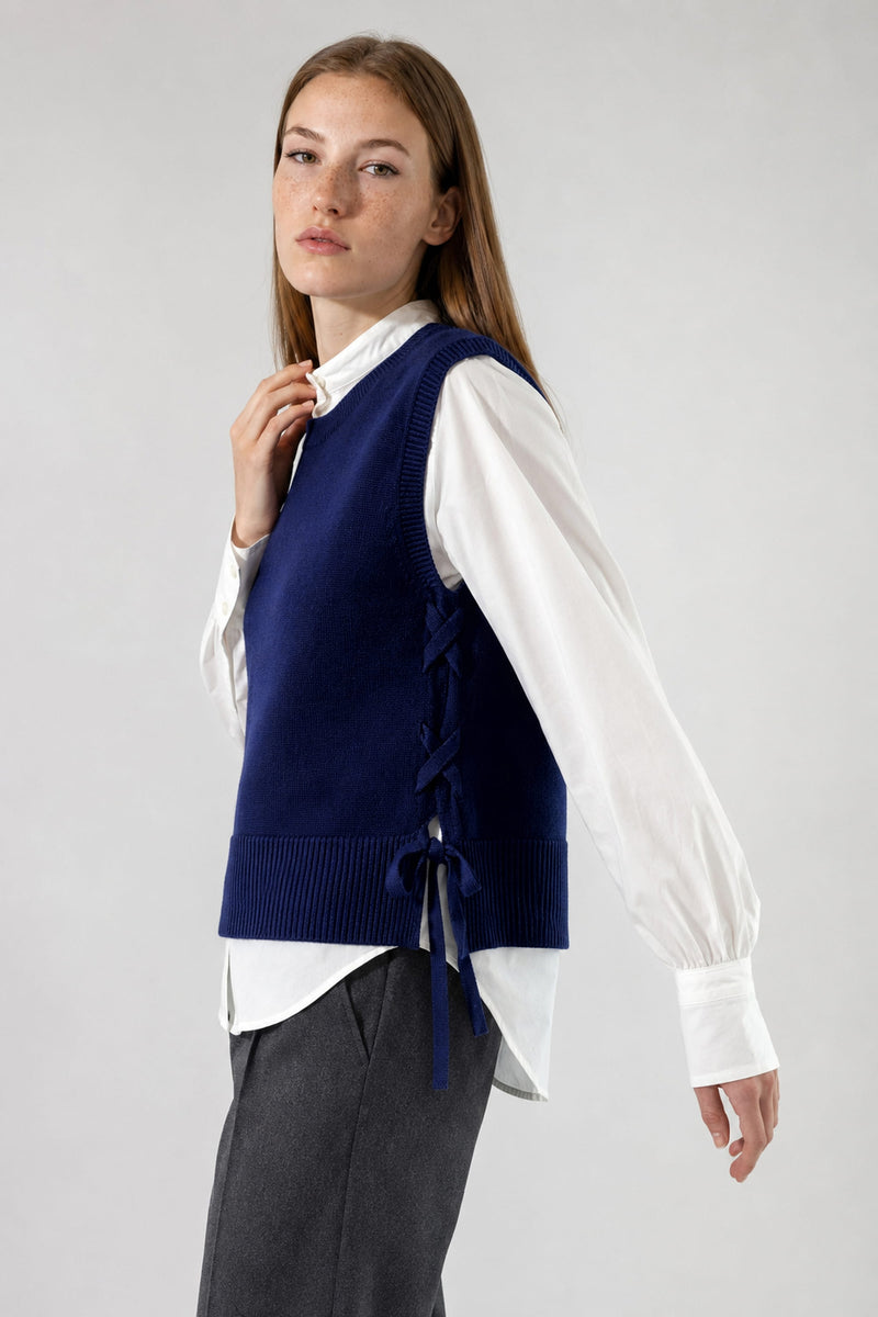 Pull sans manches en laine mérinos bleu marine - Inès