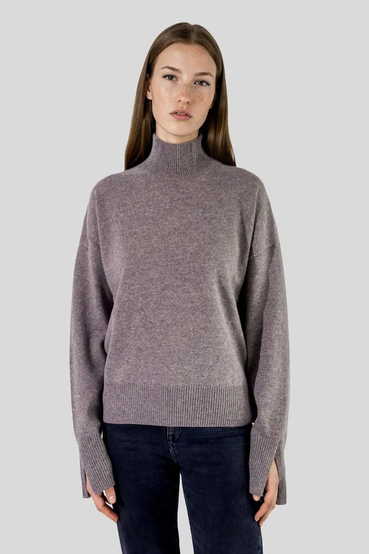Pull col cheminée en laine mérinos taupe - Lana
