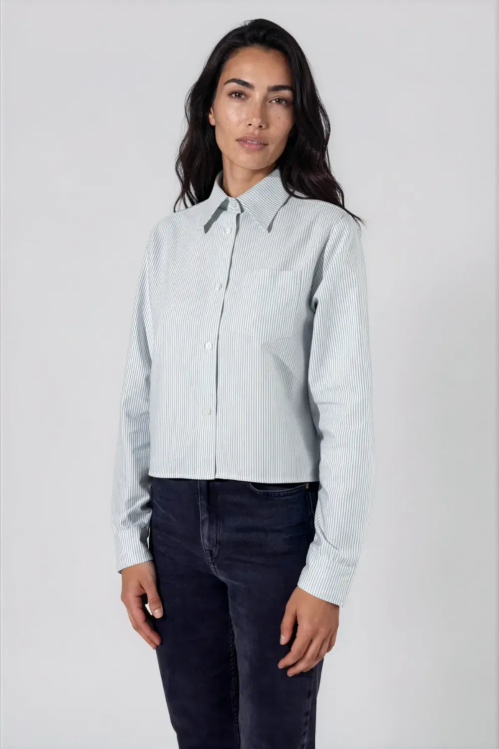 Chemise courte en oxford de coton - Alma - Rayé vert d'eau/ blanc