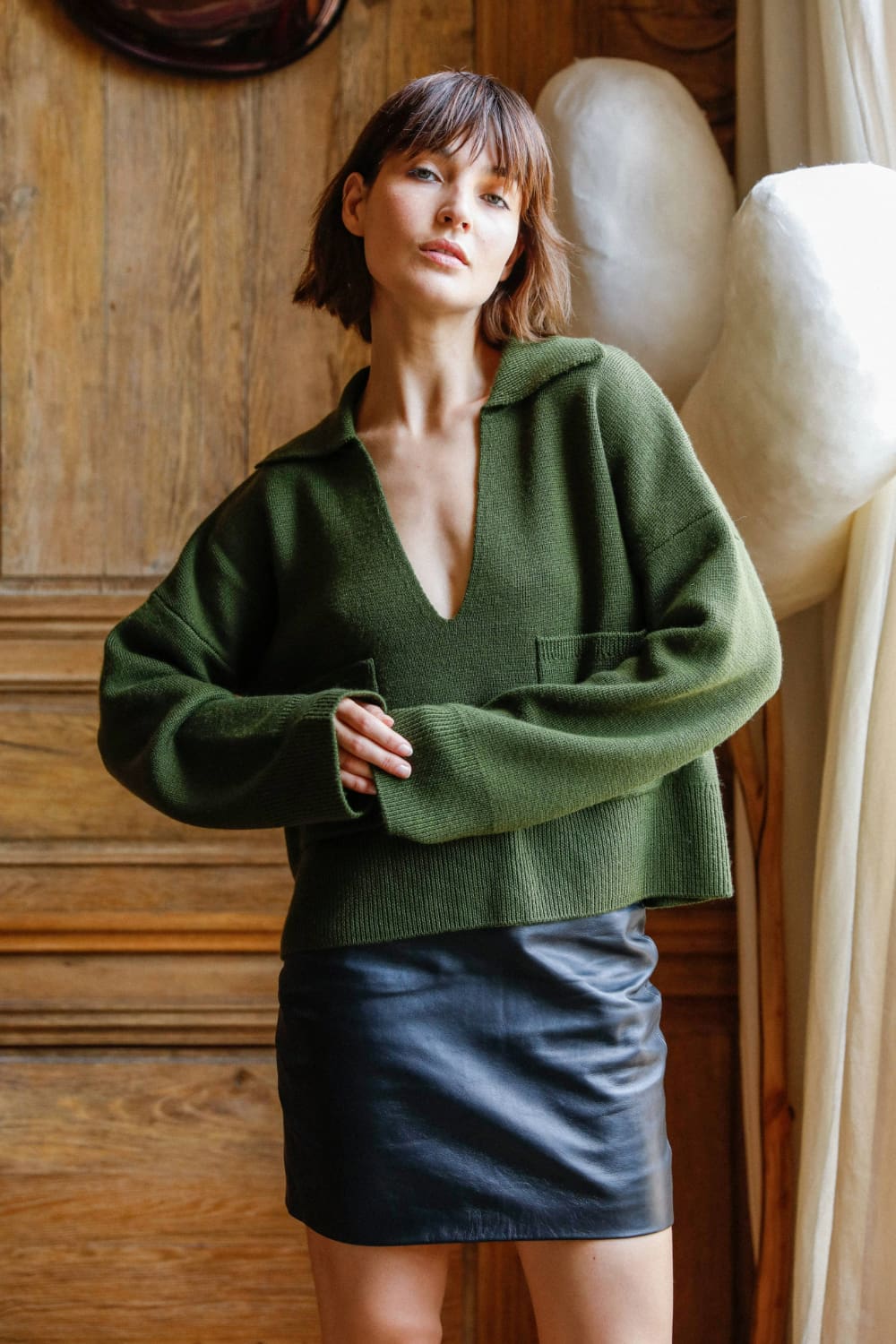 PULL COL V EN LAINE MERINOS EXTRA-FINE VERT AVOCAT - GRACE - Vert avocat