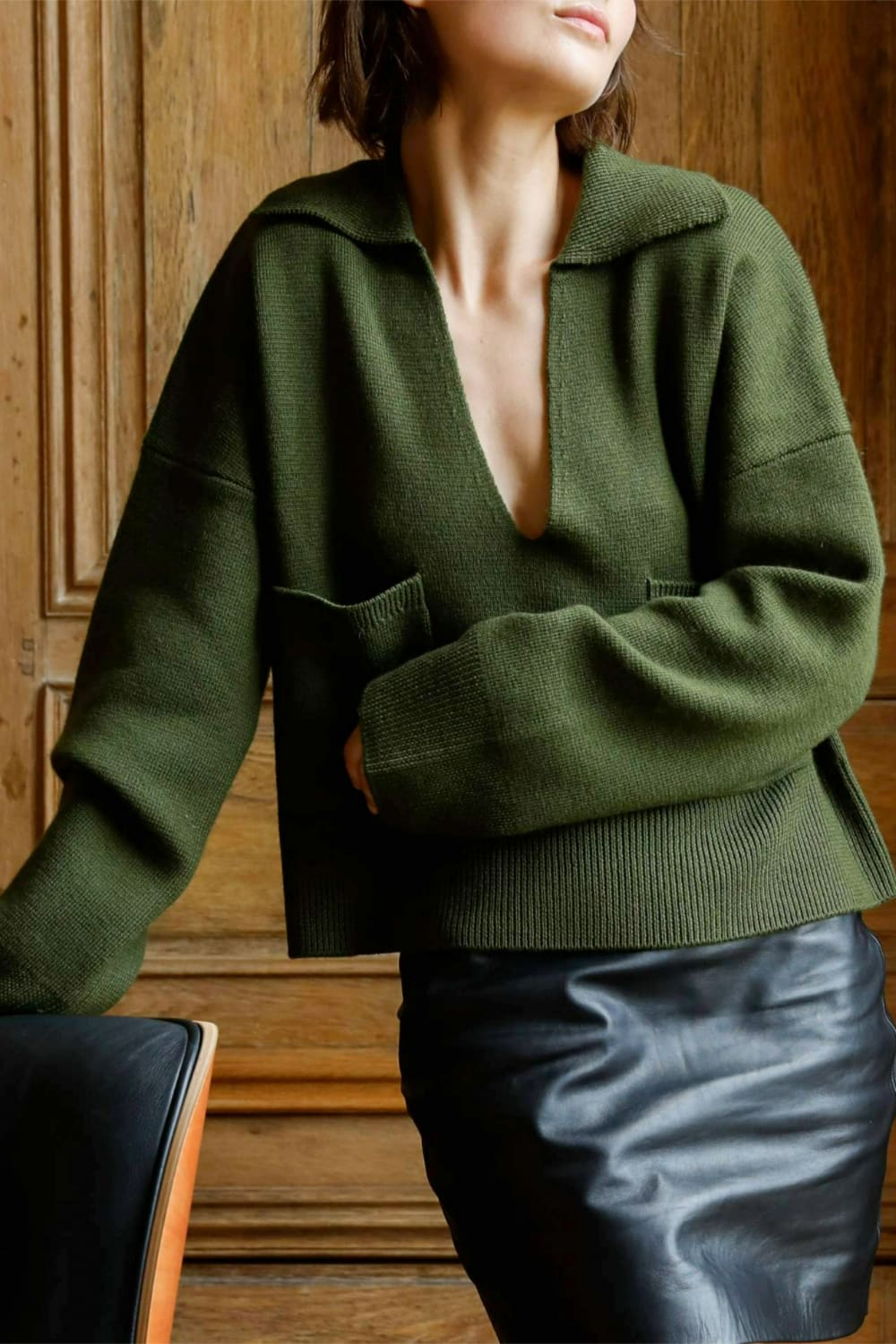 PULL COL V EN LAINE MERINOS EXTRA-FINE VERT AVOCAT - GRACE