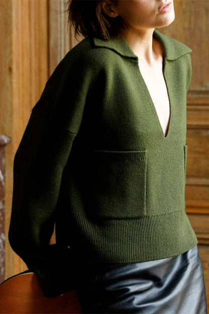 PULL COL V EN LAINE MERINOS EXTRA-FINE VERT AVOCAT - GRACE