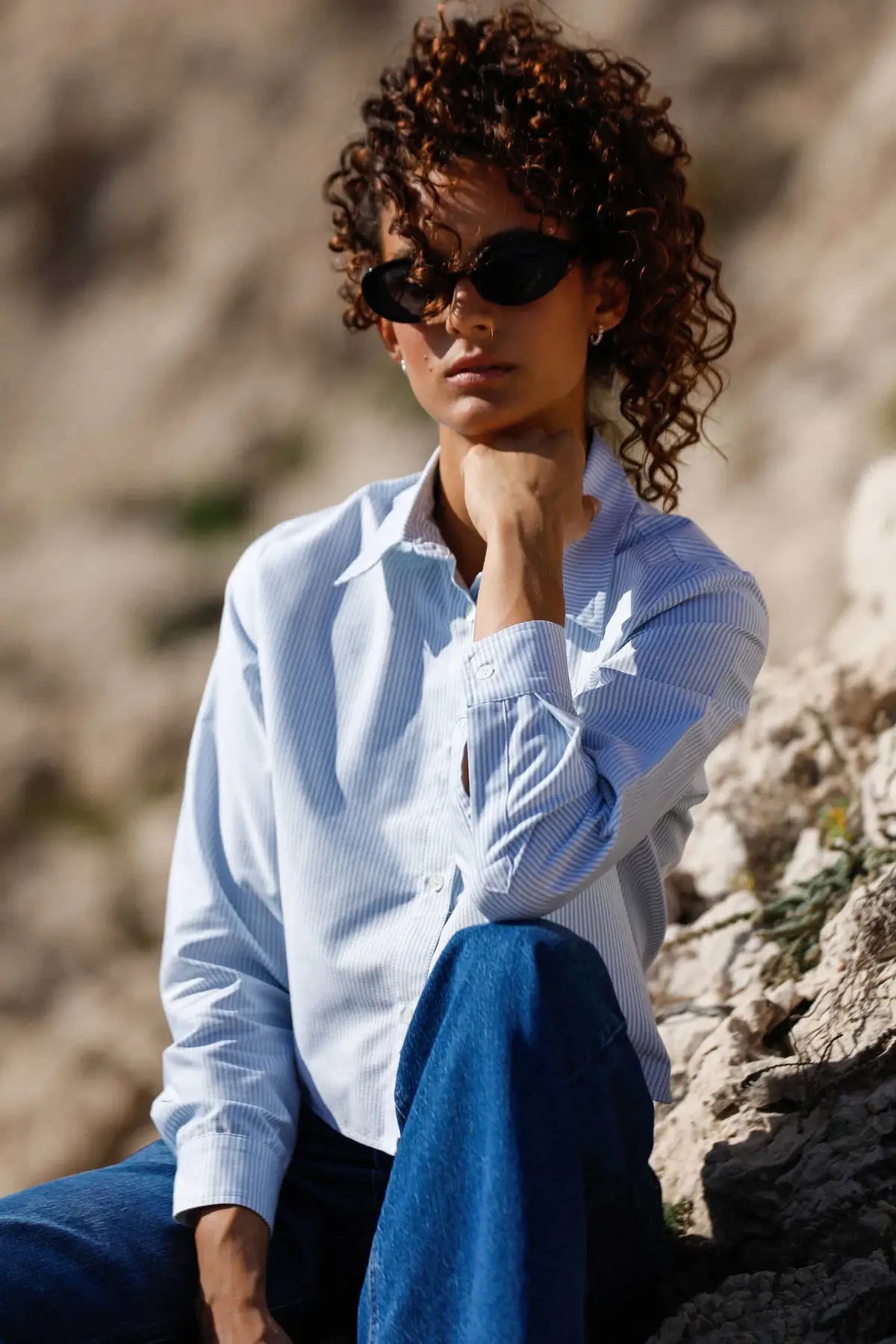 Chemise courte coton rayé vert vue de face