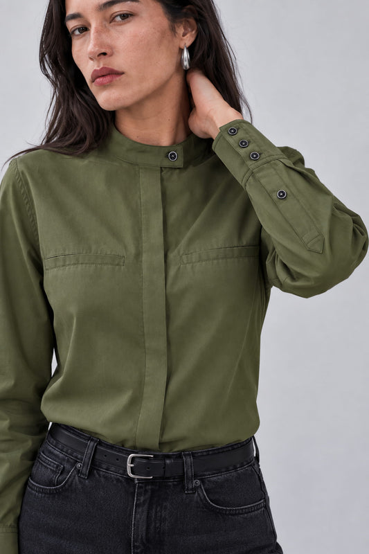 Chemise col officier kaki en popeline de coton - Ambre
