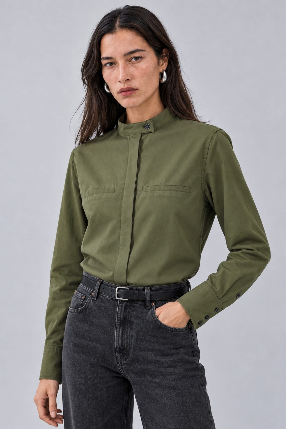 Chemise col officier kaki en popeline de coton - Ambre