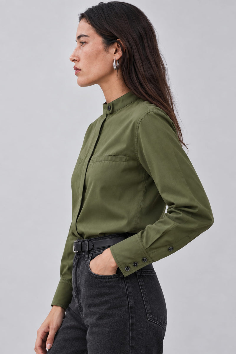 Chemise col officier kaki en popeline de coton - Ambre