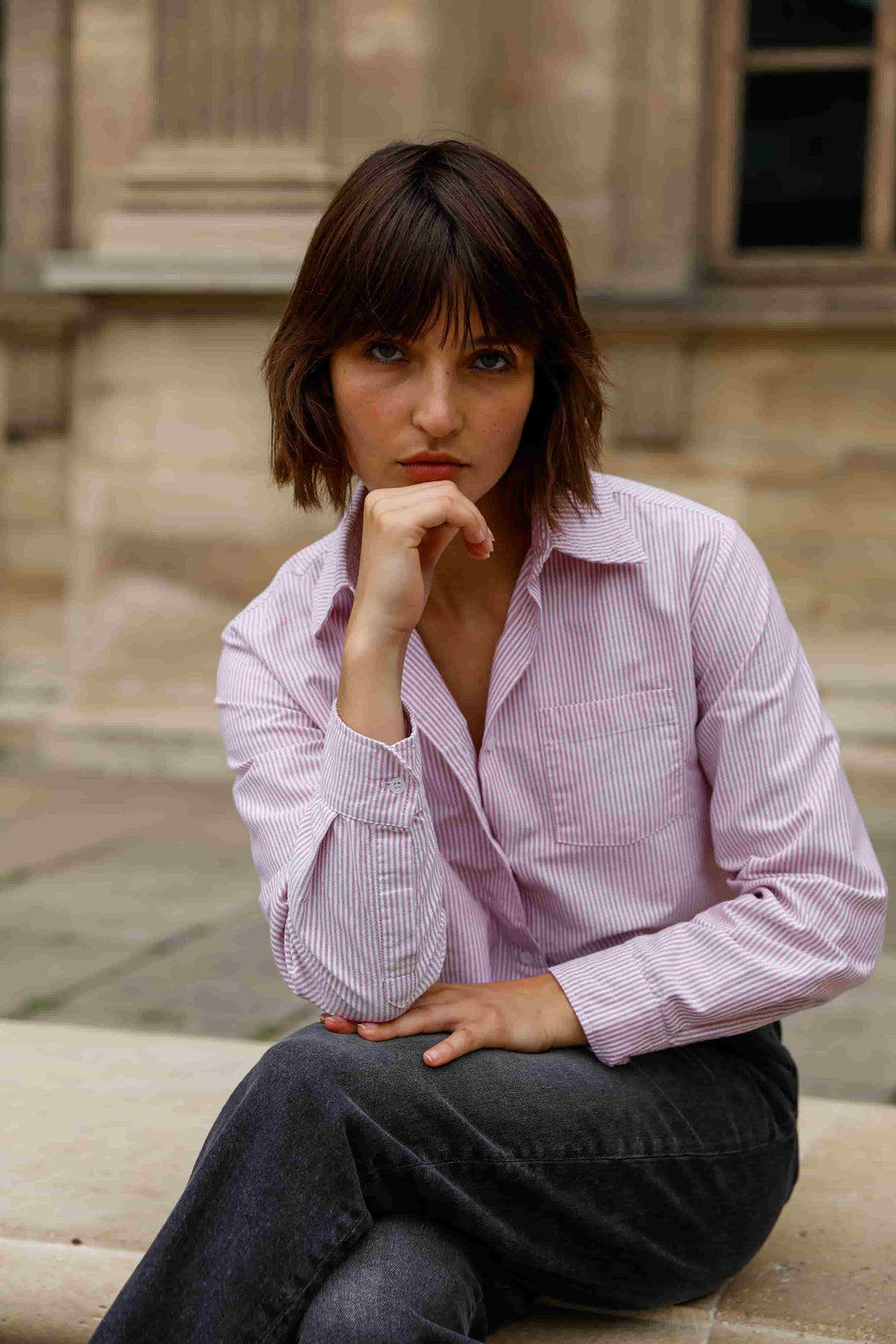 CHEMISE COURTE EN COTON BIO - ALMA - Rayé rouge/ blanc