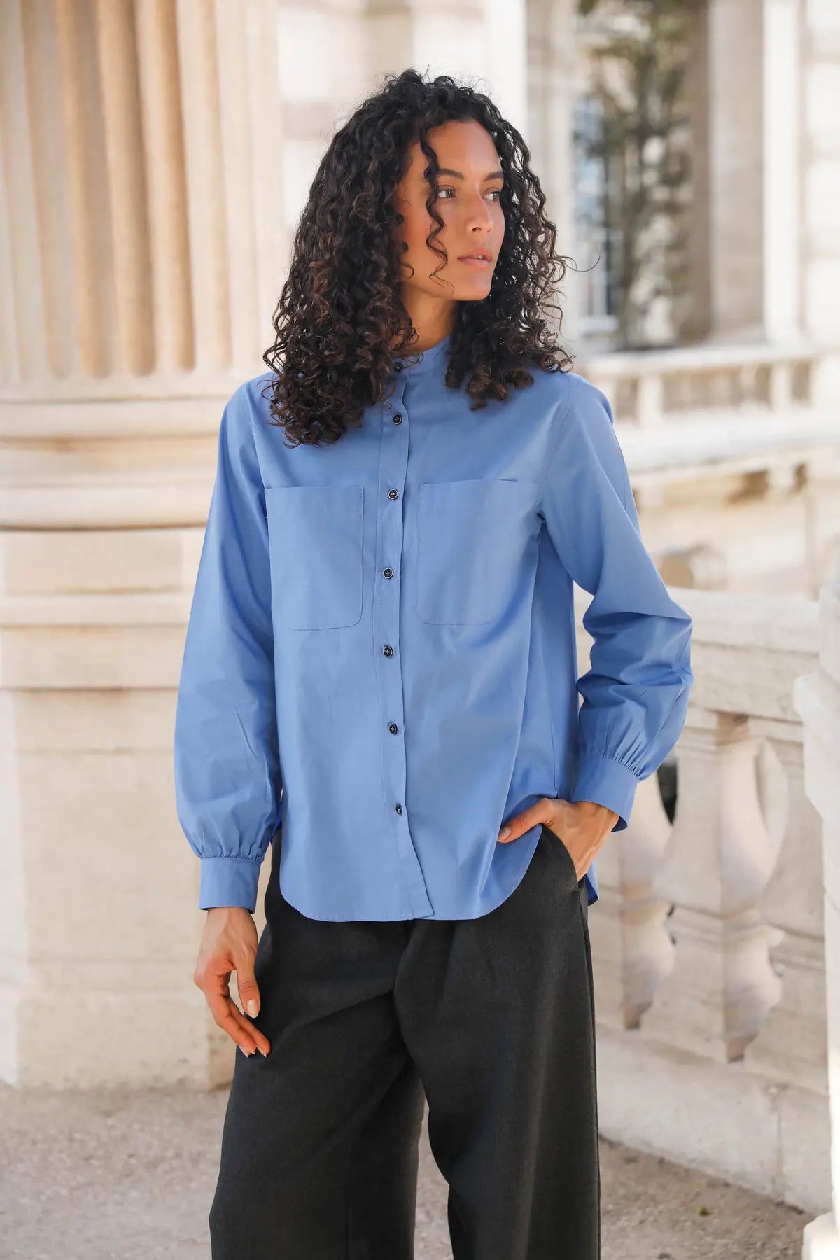 Chemise col officier coton bleu vue de face
