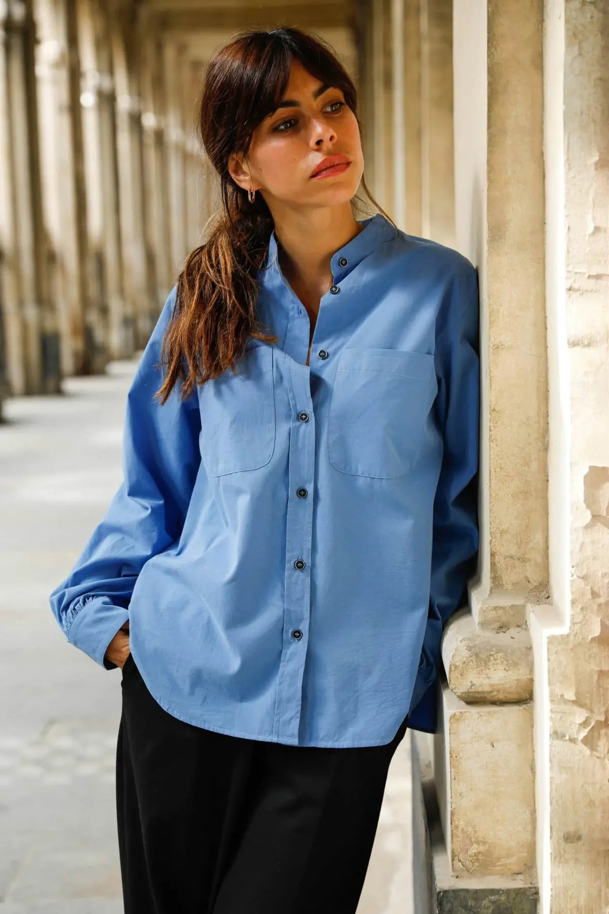 Chemise col officier coton bleu col ouvert