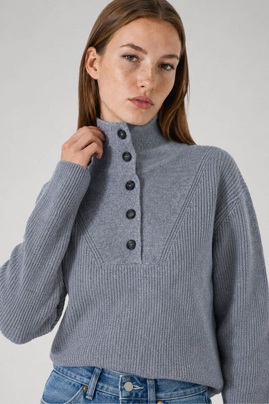Pull col camionneur boutonné en laine mérinos gris - Jade