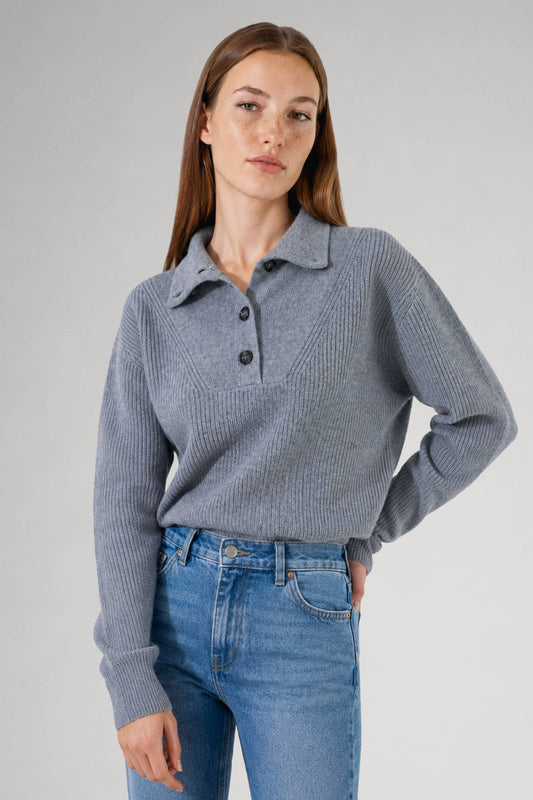 Pull col camionneur boutonné en laine mérinos gris - Jade