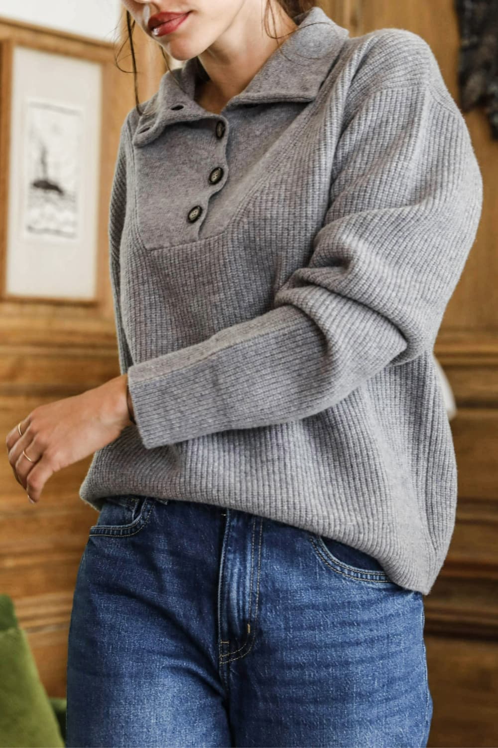 pull col camionneur en laine merinos gris pour femme