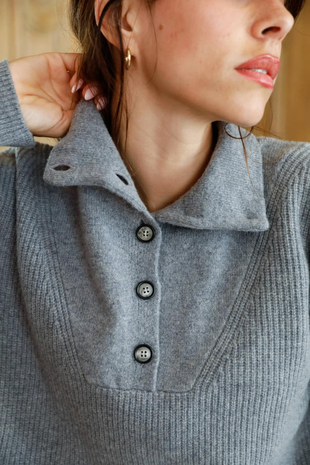 pull col camionneur en laine mérinos gris pour femme