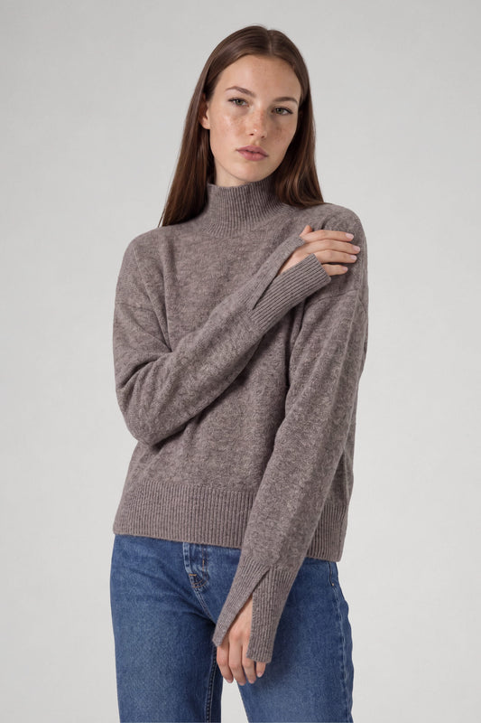 Pull col cheminée en laine mérinos taupe - Lana