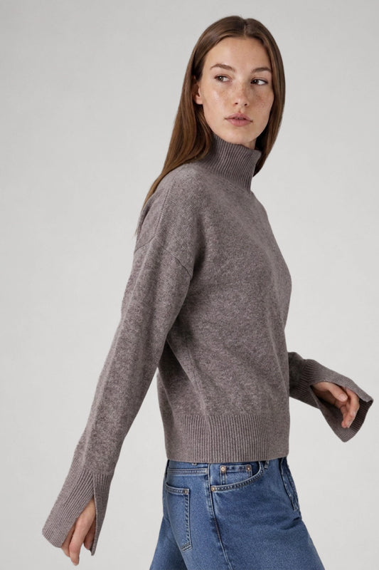 Pull col cheminée en laine mérinos taupe - Lana