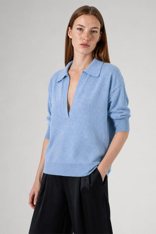 Pull col polo en laine mérinos bleu ciel - Nina
