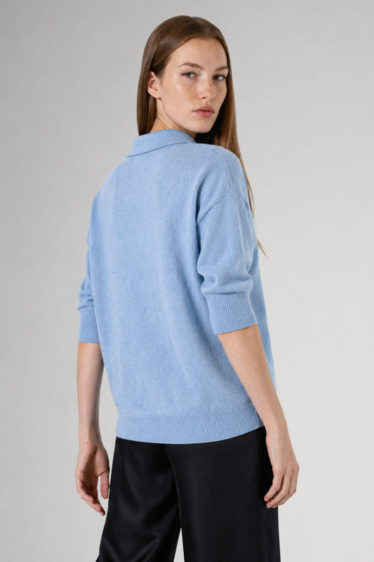 Pull col polo en laine mérinos bleu ciel - Nina