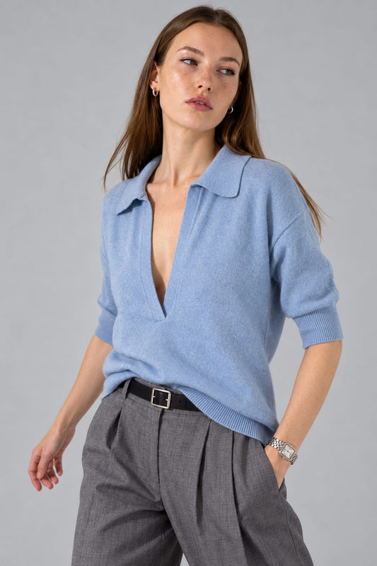 Pull col polo en laine mérinos bleu ciel - Nina