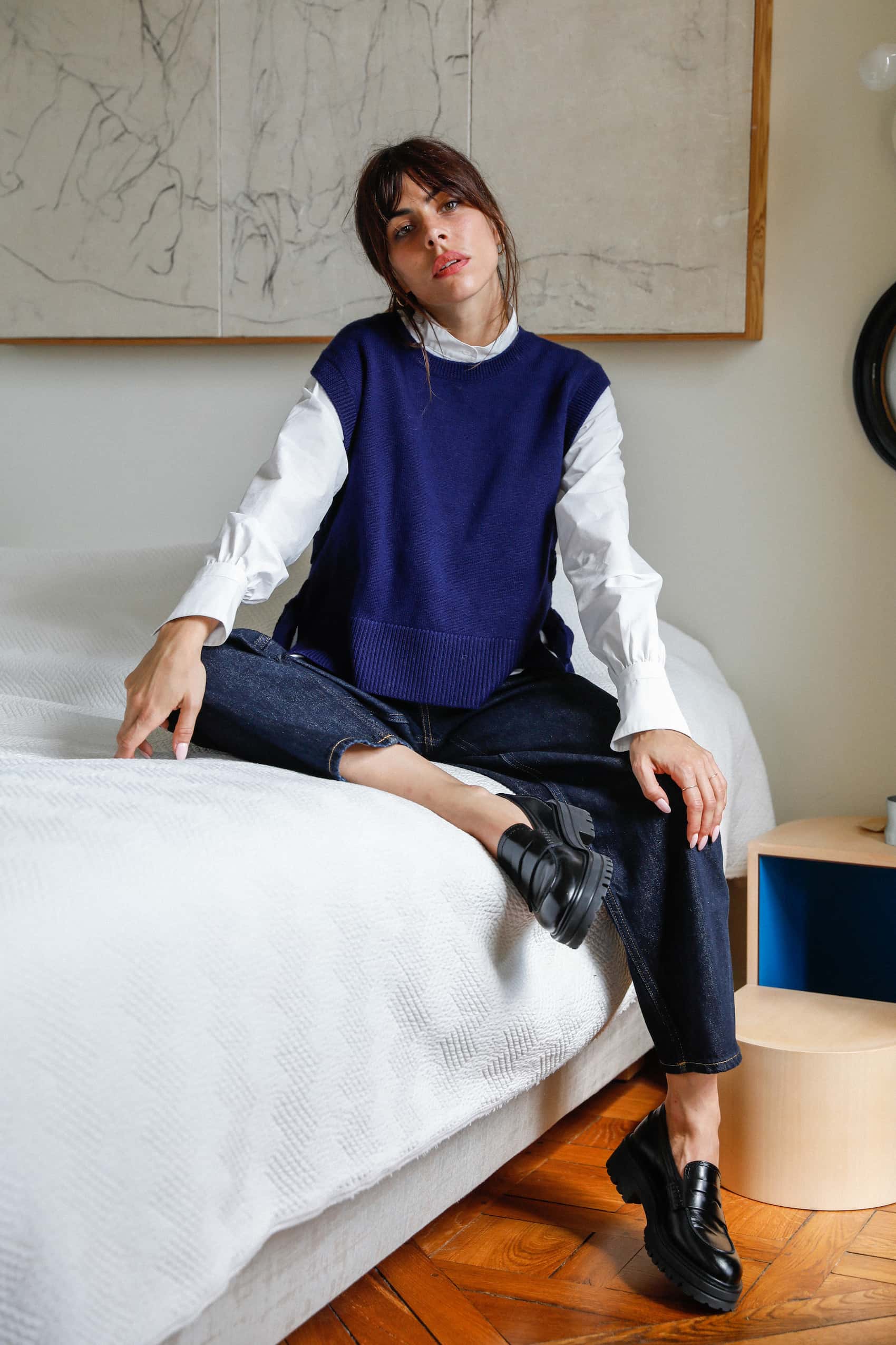 Pull femme Inès sans manche en laine mérinos extra fine bleu marine