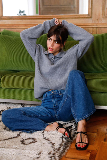 Pull col camionneur en laine mérinos extra fine gris - Jade - Huguet Paris