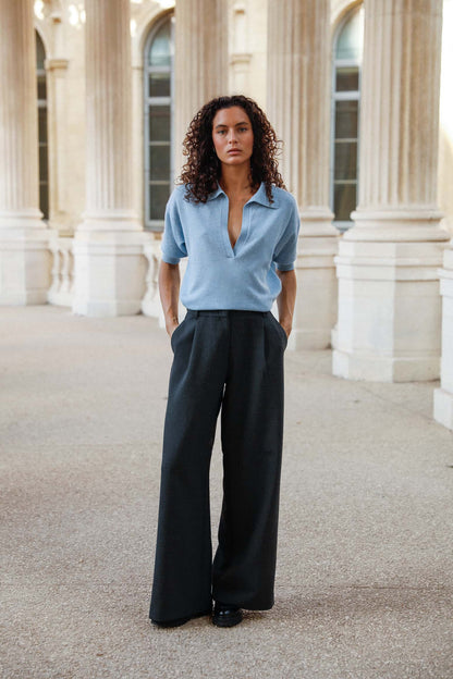 Pull femme Nina col polo en laine mérinos extra fine bleu ciel