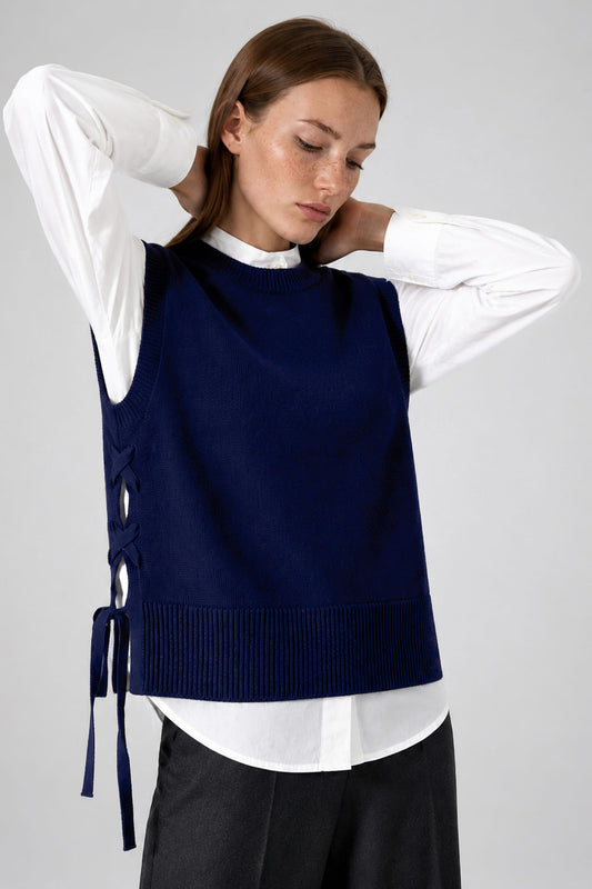 Pull sans manches en laine mérinos bleu marine - Inès