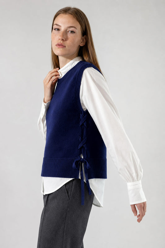 Pull sans manches en laine mérinos bleu marine - Inès
