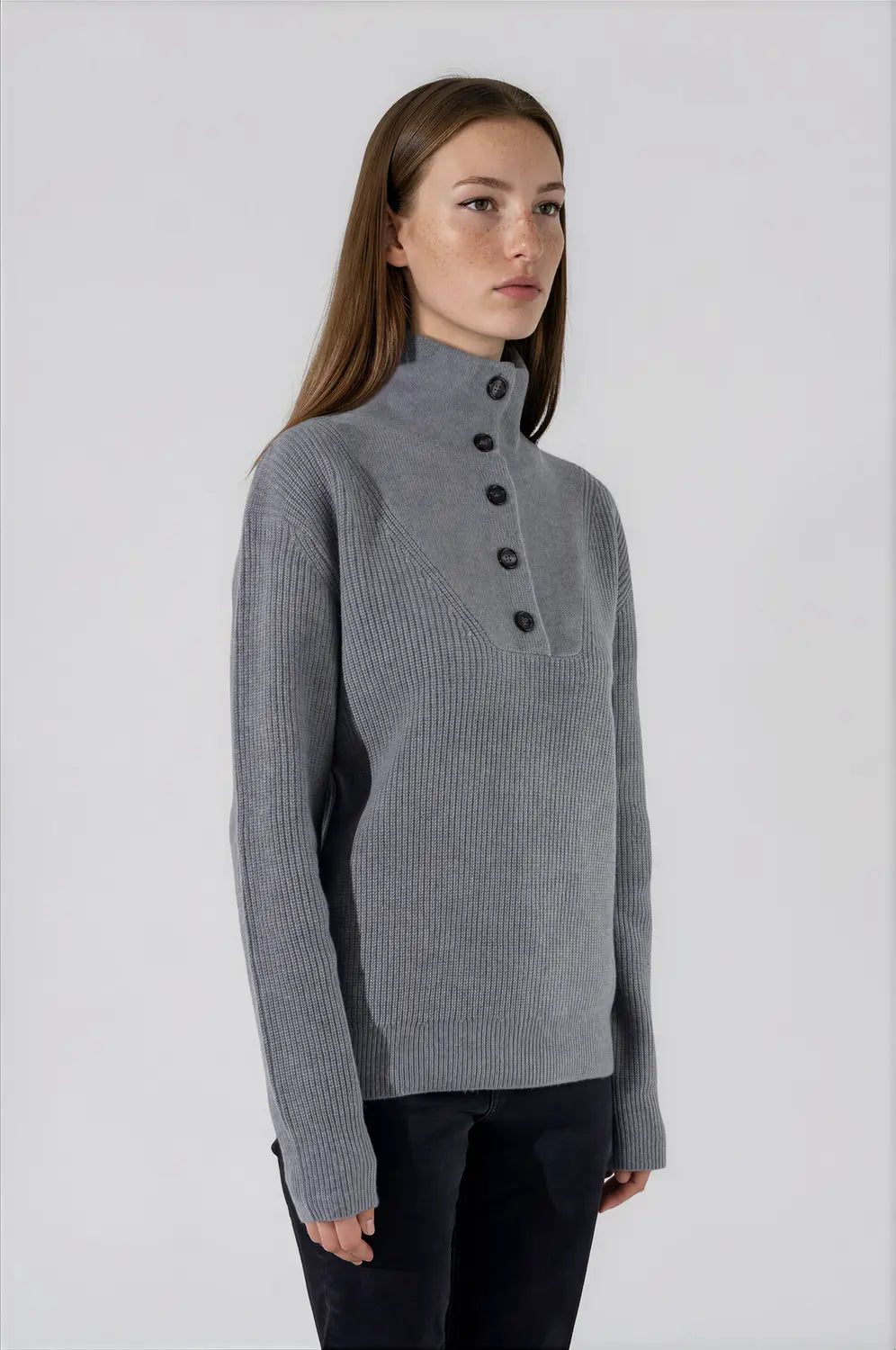 Pull col camionneur boutonné en laine mérinos gris - Jade