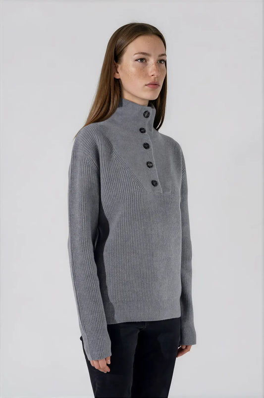 Pull col camionneur boutonné en laine mérinos gris - Jade