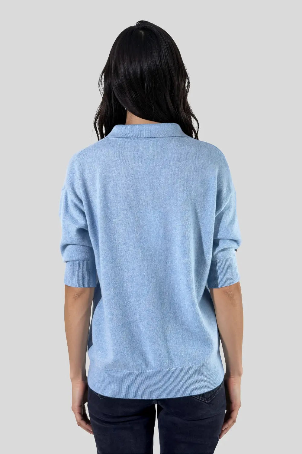 Pull col polo en laine mérinos bleu ciel - Nina
