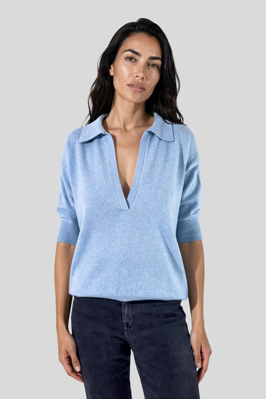 Pull col polo en laine mérinos bleu ciel - Nina
