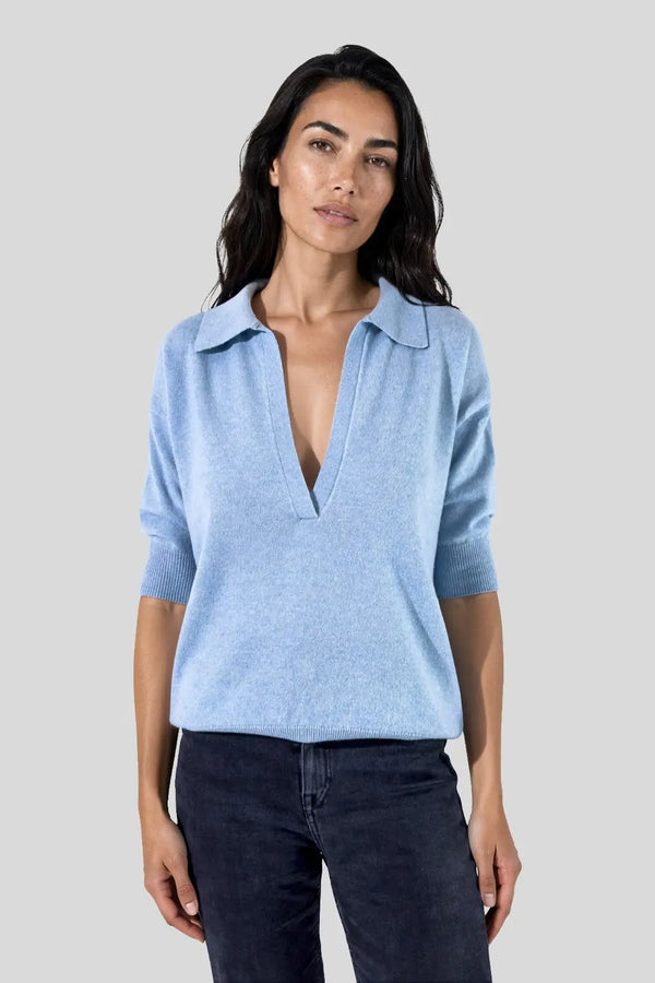 Pull col polo en laine mérinos bleu ciel - Nina - Bleu ciel