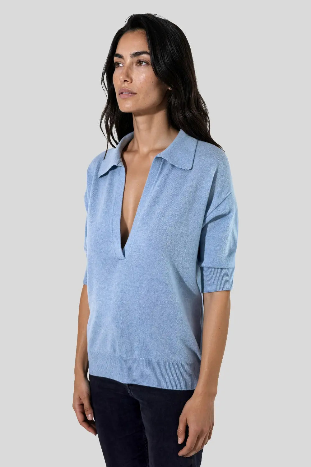 Pull col polo en laine mérinos bleu ciel - Nina