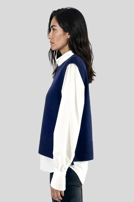 Pull sans manches en laine mérinos bleu marine - Inès